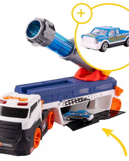 Vilkiko platforma su automobilių paleidimo įrenginiu, sunkvežimis su paleidimo mechanizmu, žaislinis automobilis, šviesa, garsas