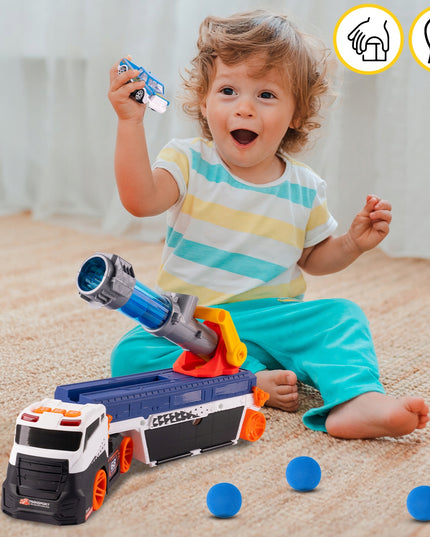 Vilkiko platforma su automobilių paleidimo įrenginiu, sunkvežimis su paleidimo mechanizmu, žaislinis automobilis, šviesa, garsas