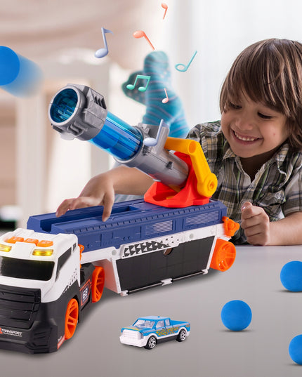 Vilkiko platforma su automobilių paleidimo įrenginiu, sunkvežimis su paleidimo mechanizmu, žaislinis automobilis, šviesa, garsas