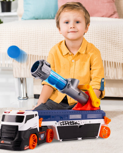 Vilkiko platforma su automobilių paleidimo įrenginiu, sunkvežimis su paleidimo mechanizmu, žaislinis automobilis, šviesa, garsas