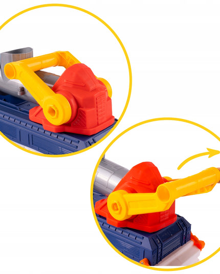 Vilkiko platforma su automobilių paleidimo įrenginiu, sunkvežimis su paleidimo mechanizmu, žaislinis automobilis, šviesa, garsas