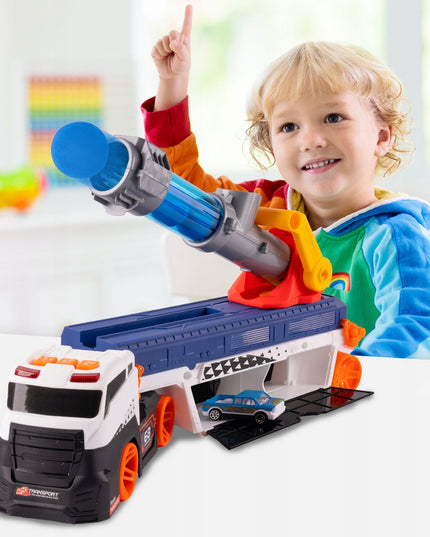 Vilkiko platforma su automobilių paleidimo įrenginiu, sunkvežimis su paleidimo mechanizmu, žaislinis automobilis, šviesa, garsas