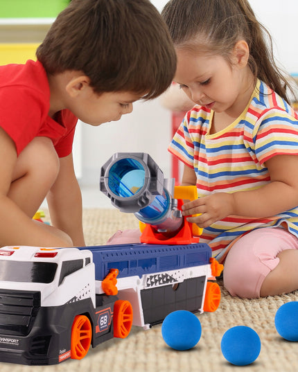 Vilkiko platforma su automobilių paleidimo įrenginiu, sunkvežimis su paleidimo mechanizmu, žaislinis automobilis, šviesa, garsas