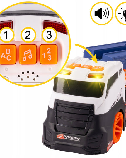 Vilkiko platforma su automobilių paleidimo įrenginiu, sunkvežimis su paleidimo mechanizmu, žaislinis automobilis, šviesa, garsas