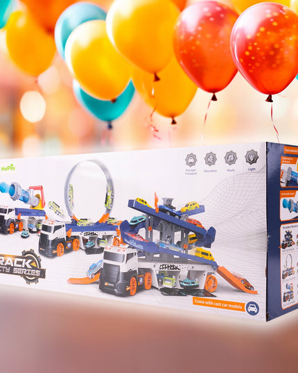 Vilkiko platforma su automobilių paleidimo įrenginiu, sunkvežimis su paleidimo mechanizmu, žaislinis automobilis, šviesa, garsas