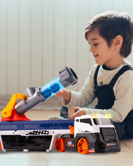 Vilkiko platforma su automobilių paleidimo įrenginiu, sunkvežimis su paleidimo mechanizmu, žaislinis automobilis, šviesa, garsas