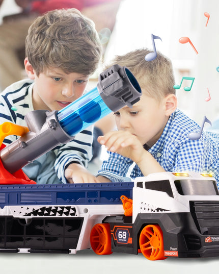 Vilkiko platforma su automobilių paleidimo įrenginiu, sunkvežimis su paleidimo mechanizmu, žaislinis automobilis, šviesa, garsas