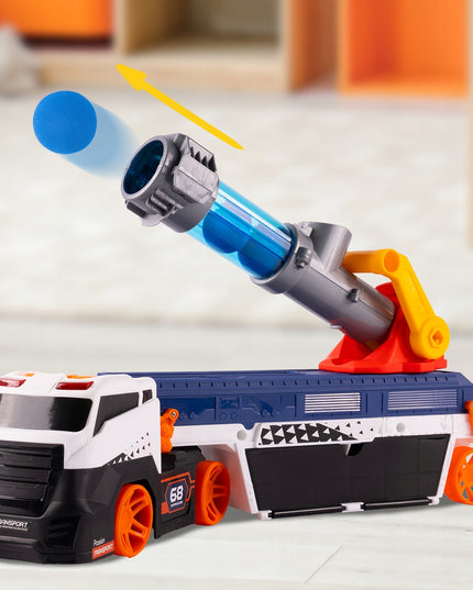 Vilkiko platforma su automobilių paleidimo įrenginiu, sunkvežimis su paleidimo mechanizmu, žaislinis automobilis, šviesa, garsas