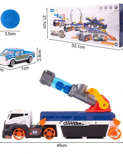 Vilkiko platforma su automobilių paleidimo įrenginiu, sunkvežimis su paleidimo mechanizmu, žaislinis automobilis, šviesa, garsas