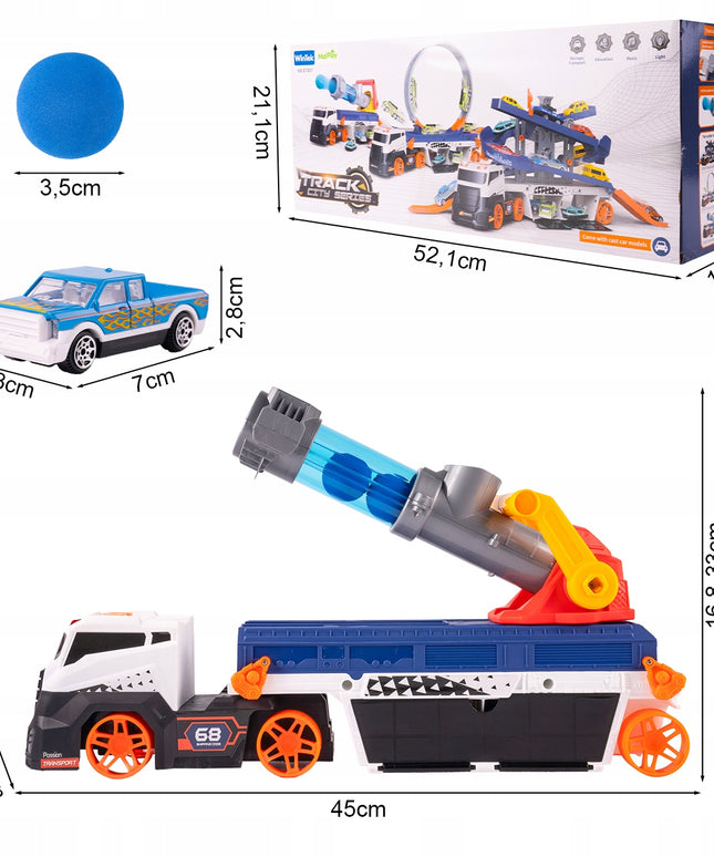 Vilkiko platforma su automobilių paleidimo įrenginiu, sunkvežimis su paleidimo mechanizmu, žaislinis automobilis, šviesa, garsas