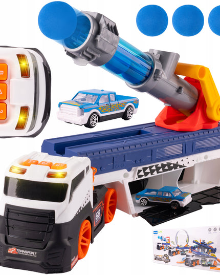 Vilkiko platforma su automobilių paleidimo įrenginiu, sunkvežimis su paleidimo mechanizmu, žaislinis automobilis, šviesa, garsas