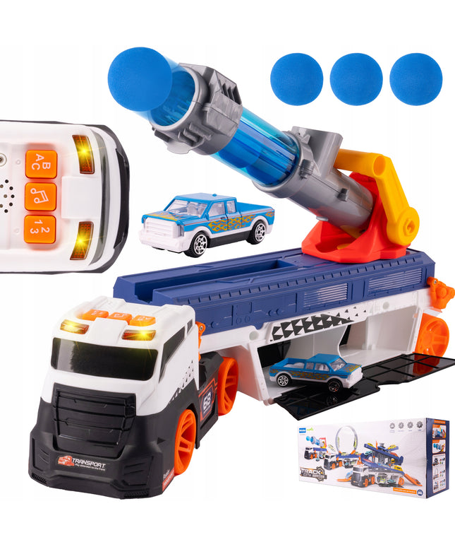 Vilkiko platforma su automobilių paleidimo įrenginiu, sunkvežimis su paleidimo mechanizmu, žaislinis automobilis, šviesa, garsas