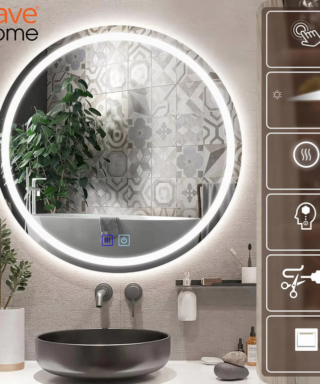 Apvalus LED vonios veidrodis 60 cm su apšvietimu, „Anti-Fog“ funkcija ir jutikliniu valdymu, 3 spalvų