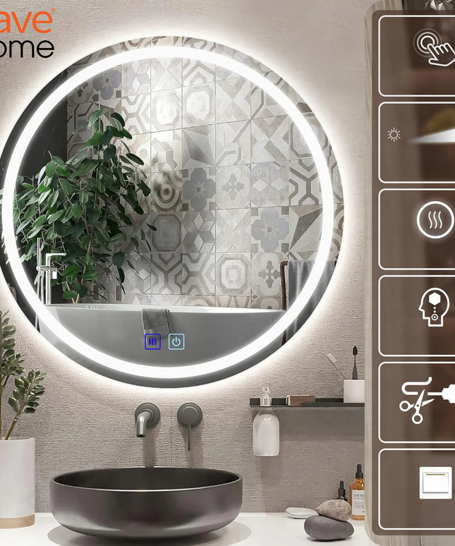 Apvalus vonios veidrodis su LED apšvietimu, 80 cm, nuo rasojimo, jutiklinis, 3 spalvų