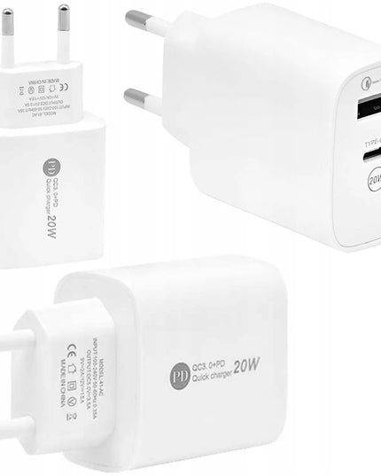 Greitas 3-viename tinklo įkroviklis USB / USB-C + Laidas USB-C Micro USB Lightning