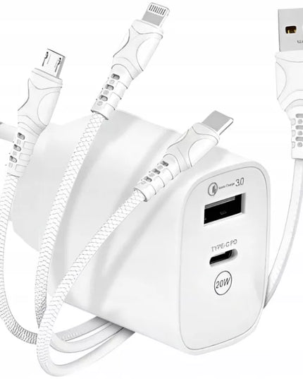 „Hello Case“ 3in1 tinklo įkroviklis, greitasis USB / USB-C + USB-C Micro USB Lightning laidas