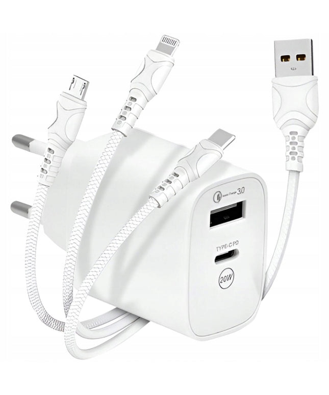 Greitas 3-viename tinklo įkroviklis USB / USB-C + Laidas USB-C Micro USB Lightning