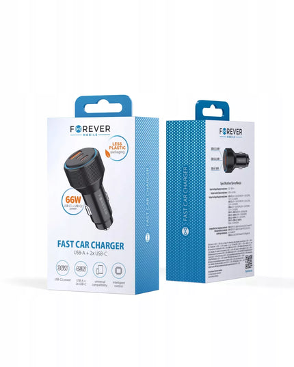 Automobilinis įkroviklis 3 viename 2x USB-C 1x USB-A 66W juodas PD QC
