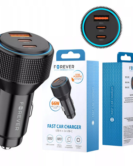 Automobilinis įkroviklis 3 viename 2x USB-C 1x USB-A 66W juodas PD QC