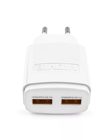 VIDVIE tinklo įkroviklis 2.4A 2xUSB + 2x laidas greitam įkrovimui, baltas
