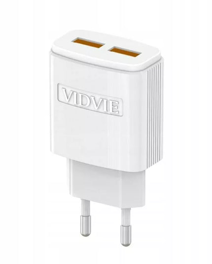 VIDVIE tinklo įkroviklis 2.4A 2xUSB + 2x laidas greitam įkrovimui, baltas