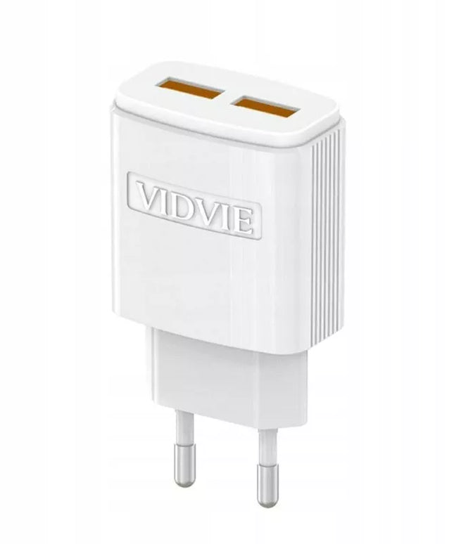 VIDVIE tinklo įkroviklis 2.4A 2xUSB + 2x laidas greitam įkrovimui, baltas