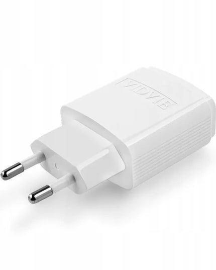 VIDVIE tinklo įkroviklis 2.4A 2xUSB + 2x laidas greitam įkrovimui, baltas