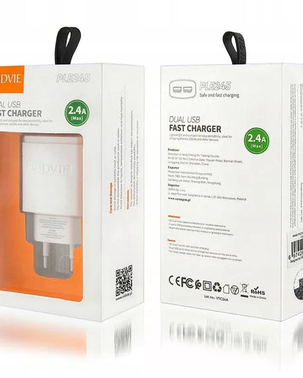 VIDVIE tinklo įkroviklis 2.4A 2xUSB + 2x laidas greitam įkrovimui, baltas