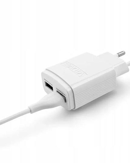 VIDVIE tinklo įkroviklis 2.4A 2xUSB + 2x laidas greitam įkrovimui, baltas