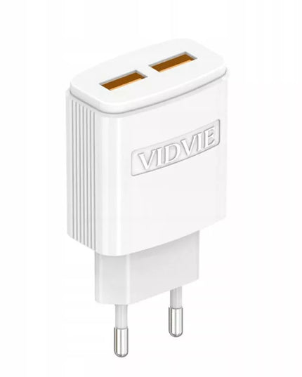VIDVIE tinklo įkroviklis 2.4A 2xUSB + 2x laidas greitam įkrovimui, baltas