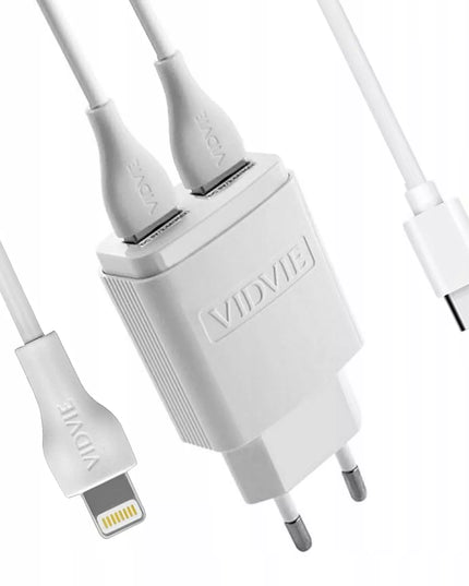 VIDVIE tinklo įkroviklis 2.4A 2xUSB + 2x laidas greitam įkrovimui, baltas