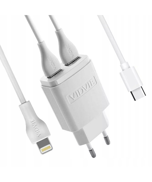 VIDVIE tinklo įkroviklis 2.4A 2xUSB + 2x laidas greitam įkrovimui, baltas