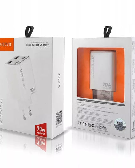 Greitas tinklo įkroviklis 2x USB-C + 2x USB 70W GaN baltas VIDVIE PLE222 4 viename