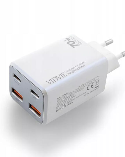 Greitas tinklo įkroviklis 2x USB-C + 2x USB 70W GaN baltas VIDVIE PLE222 4 viename