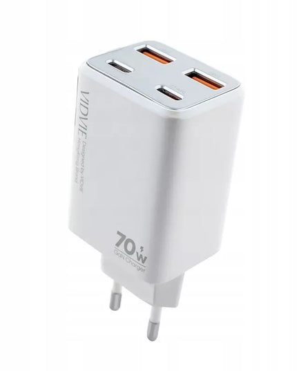 Greitas tinklo įkroviklis 2x USB-C + 2x USB 70W GaN baltas VIDVIE PLE222 4 viename