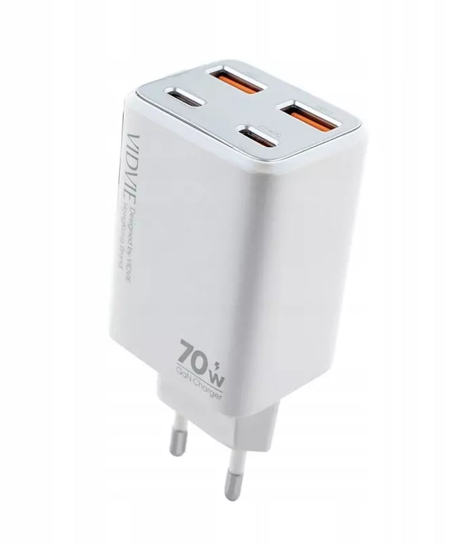Greitas tinklo įkroviklis 2x USB-C + 2x USB 70W GaN baltas VIDVIE PLE222 4 viename