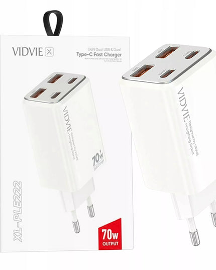 Greitas tinklo įkroviklis 2x USB-C + 2x USB 70W GaN baltas VIDVIE PLE222 4 viename