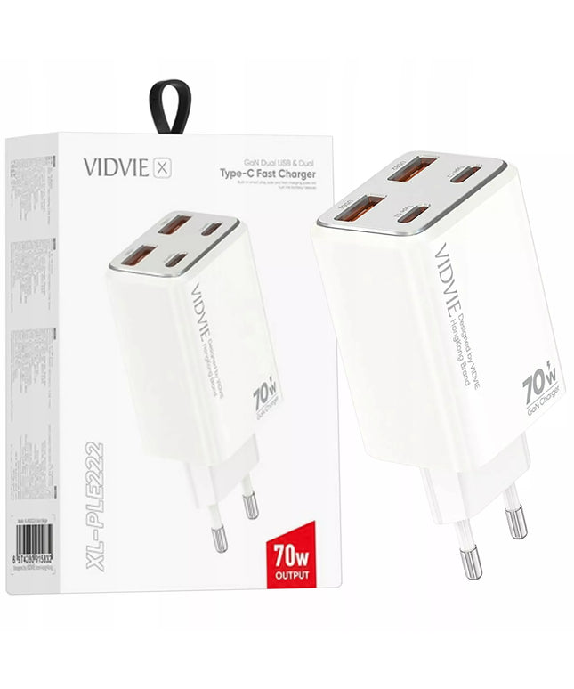 Greitas tinklo įkroviklis 2x USB-C + 2x USB 70W GaN baltas VIDVIE PLE222 4 viename