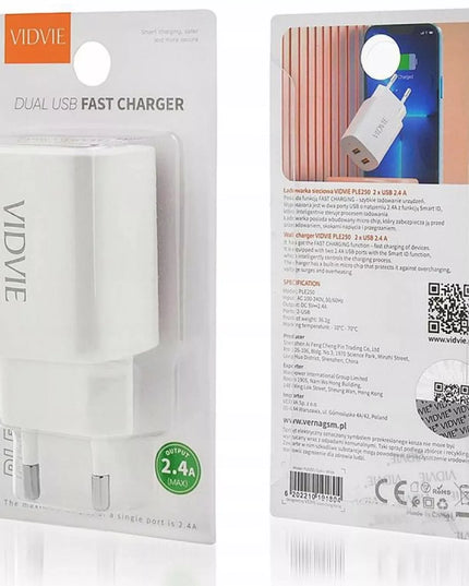 Greitas sieninis įkroviklis 2x USB VIDVIE PLE250 2.4A 5V Smart ID Fast, baltas