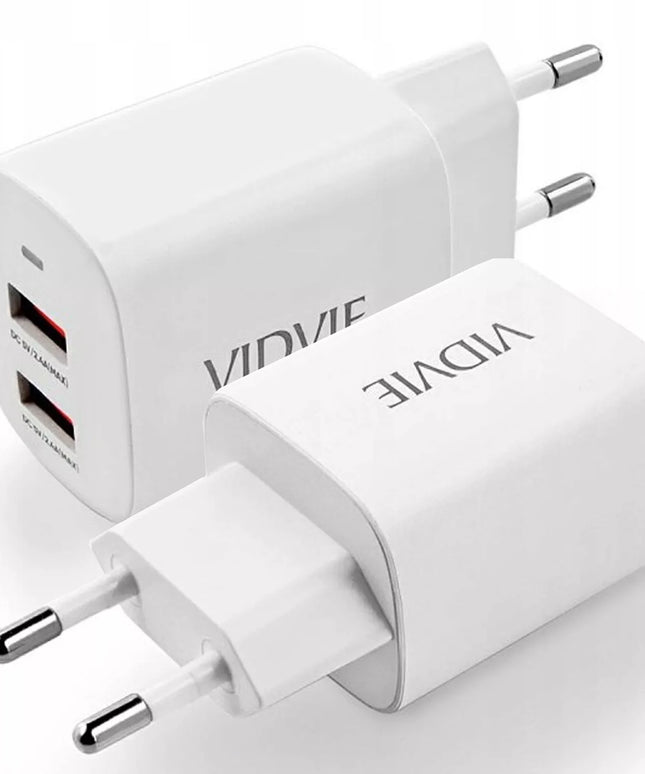 Greitas sieninis įkroviklis 2x USB VIDVIE PLE250 2.4A 5V Smart ID Fast, baltas