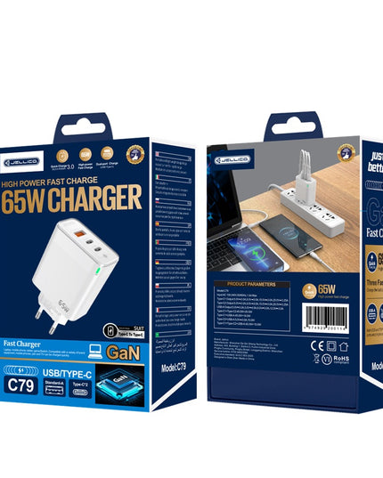 Sieninis įkroviklis Greitas įkrovimas 65W 2xUSB-C USB3.0 + USB-C laidas