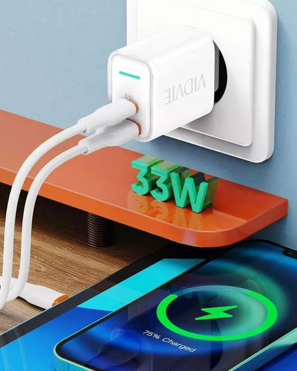 Sieninis įkroviklis USB-C 33W USB-A 18W 2-in-1 baltas greitas universalus adapteris
