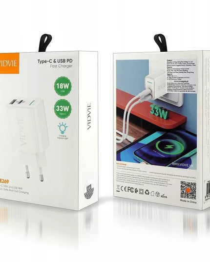Sieninis įkroviklis USB-C 33W USB-A 18W 2-in-1 baltas greitas universalus adapteris