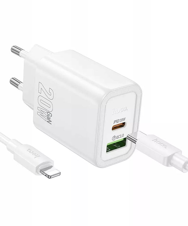 Sieninis įkroviklis USB-C + USB-A QC PD 3A 20W + laidas USB-C į Lightning 1m