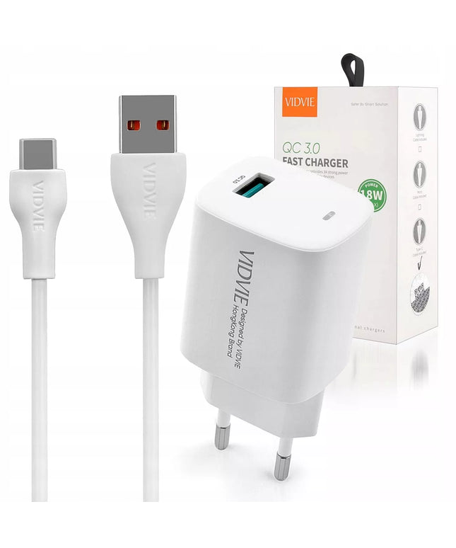 VIDVIE PLE249 1XUSB tinklo įkroviklis + TYPE C laidas QC 3.0 18W (Baltas)