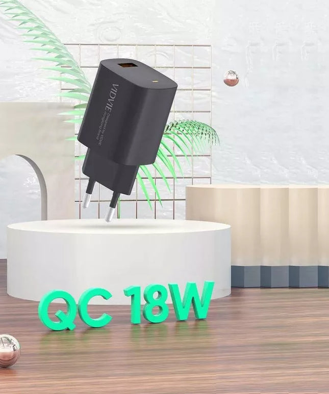 VIDVIE PLE249 1XUSB sieninis įkroviklis + TYPE C laidas QC 3.0 18W (Juodas)
