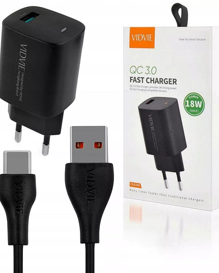 VIDVIE PLE249 1XUSB sieninis įkroviklis + TYPE C laidas QC 3.0 18W (Juodas)
