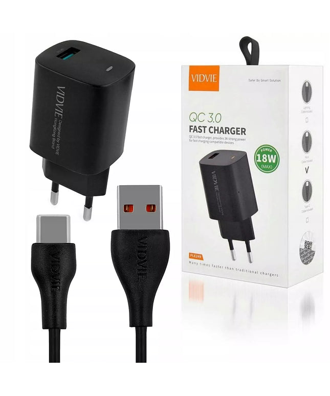 VIDVIE PLE249 1XUSB sieninis įkroviklis + TYPE C laidas QC 3.0 18W (Juodas)
