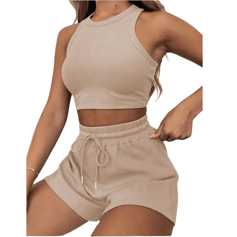 Laisvalaikio, sportinis komplektas, crop top stiliaus marškinėliai ir šortai, moterims
