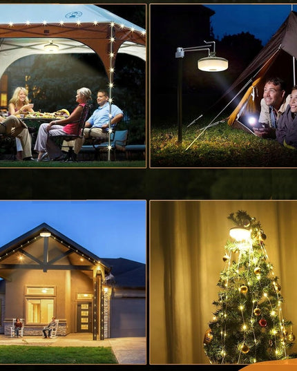 LED Kempingo ir stovyklavimo akumuliatorinė lempa, 10 m šilto apšvietimo girlianda ant ritės